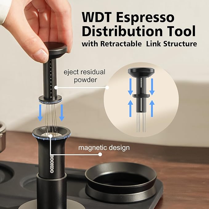 BOOKOO 3-in-1 Espresso Tamper 58.5mm Espresso Distribution Tool Magnetic Dosing Funnel with Spring Loaded Sound Feedback 304 Stainless Steel WDT Tool Espresso Stirrer Needle Coffee Tamper Set