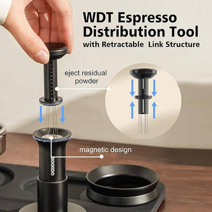 BOOKOO 3-in-1 Espresso Tamper 58.5mm Espresso Distribution Tool Magnetic Dosing Funnel with Spring Loaded Sound Feedback 304 Stainless Steel WDT Tool Espresso Stirrer Needle Coffee Tamper Set
