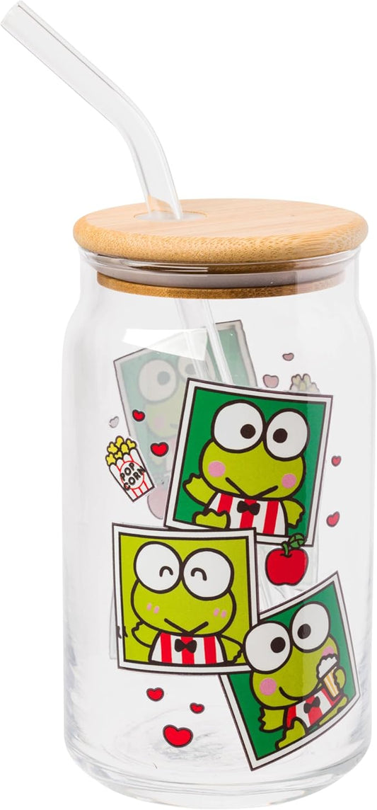 Silver Buffalo Sanrio Hello Kitty and Friends Keroppi Polaroids Glass Jar Tumbler with Bamboo Lid and Glass Straw, 16 Ounces