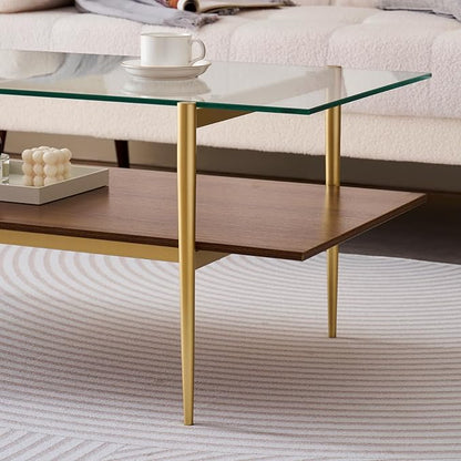 Rectangle Coffee Table, Mid-Century Modern Design, L41 W21 x H17, for Living Room, 2-Tier Structure, Clear Glass Top and Walnut MDF Shelf, Sleek Conical Metal Legs with Gold Finish