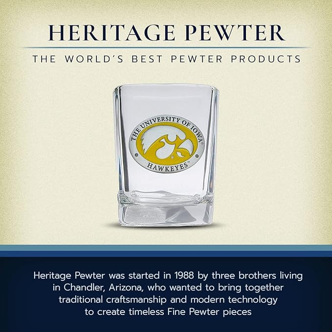 Heritage Pewter University of Iowa Square Collector's Glass | Hand-Sculpted 1.5 Ounce Glassware | Intricately Crafted Metal Pewter Alma Mater Inlay