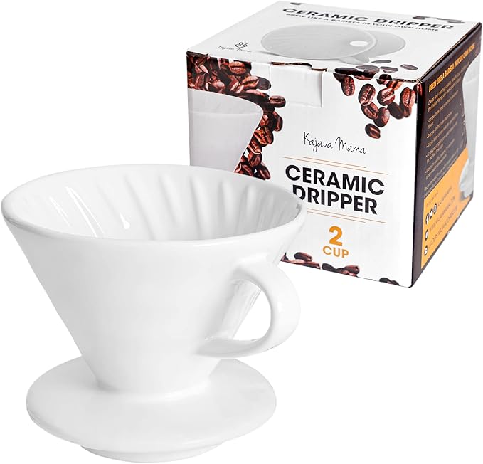 Pour Over Coffee Dripper - Ceramic Slow Brewing Accessories for Home, Cafe, Restaurants - Easy Manual Brew Maker Gift - Strong Flavor Brewer - V02 Paper Cone Filters - White, 2 Cup