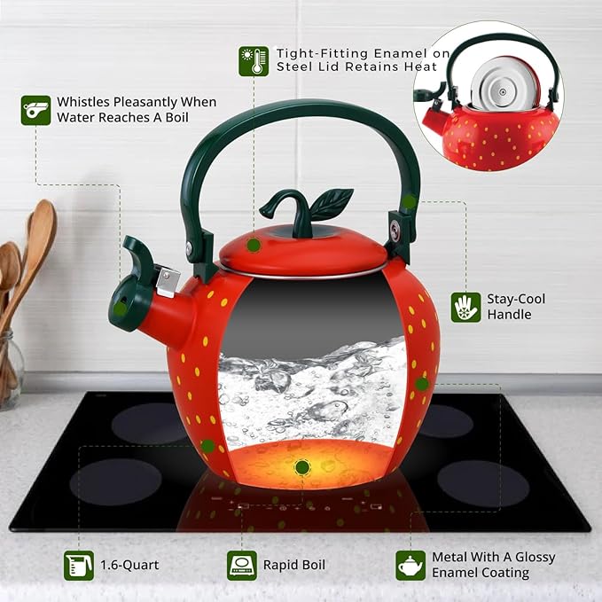 Whistling Tea Kettle for Stove Top Enamel on Steel Teakettle, Supreme Housewares Strawberry Design Teapot Water Kettle Cute Kitchen Accessories Teteras (2.3 Quart, Strawberry)