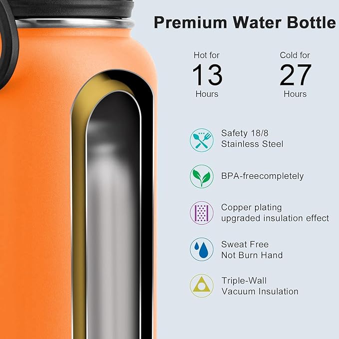koodee Insulated Water Bottle, 32 oz Stainless Steel Double Wall Vacuum Wide Mouth Sport Bottle with Leakproof Spout Lid （Cosmic Orange）