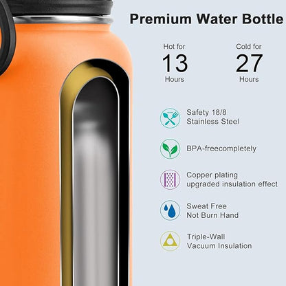 koodee Insulated Water Bottle, 32 oz Stainless Steel Double Wall Vacuum Wide Mouth Sport Bottle with Leakproof Spout Lid （Cosmic Orange）