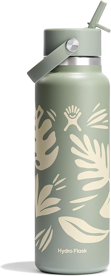 Hydro Flask Water Bottle - Insulated Stainless Steel - Wide Mouth Flex Straw Lid, Non Spill, Leakproof and Refillable in 40 Oz Botanical Bliss Agave