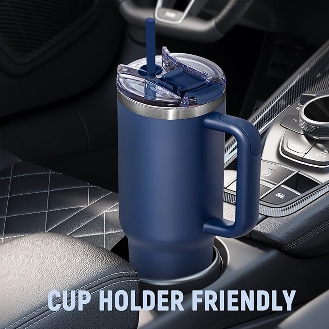 40 oz Tumbler with Handle and Straw Lid,Insulated Reusable Stainless Steel Water Bottle Travel Mug，Cupholder Friendly Double Wall Vacuum Sealed Cup (Navy)
