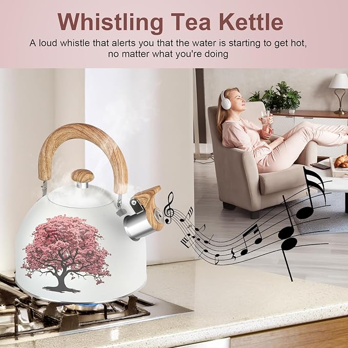 ARC Stainless Steel 2-Quart Whistling Milk White Tea Kettle with Magic Color Changing Design, Stovetop Teapot With Folding Cup & Trivet Mat