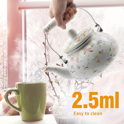 Enamel Teakettle Floral Teapot for Stovetop, 2.5L Large Green Floral Tea Kettle with Ceramic Handel Turkish Style(Green Rose)