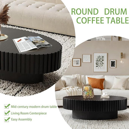 Handmade Oval Grooved Drum-Shaped Coffee Table、Rustic Modern Circular Centerpiece for Living Room & Farmhouse Decor、Easy to Clean (C Black 43in)