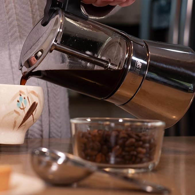 London Sip Glass and Stainless Steel Stovetop Espresso Maker Moka Pot Italian Coffee Percolator, Glass, Medium (10.14 oz)