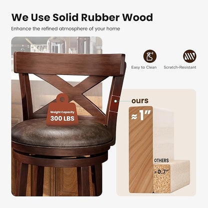 PHI VILLA Swivel Bar Stools Set of 6, 30 inch Bar Height Stools Faux Leather Barstools with Back, Wooden Kitchen Chairs