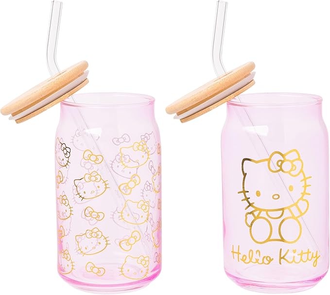 Silver Buffalo Sanrio Hello Kitty Gold 2 Pack Pink Glass Jar Tumbler with Bamboo Lid and Glass Straw, 16 Ounces