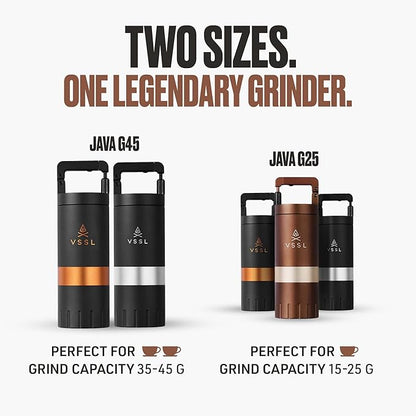 Java G25 Manual Coffee Grinder | Coffee for Camping | Bean Grinder | Travel Pour Over | Stainless Steel Conical Burr | ~ 25 Gram Capacity | Extendable Grind Handle | 50 Grind Settings | Bronze