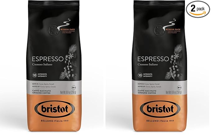 Bristot Espresso Cremoso Italiano Ground Coffee – Medium Roast, Rich & Smooth – 8.8oz (250g) Bag – Italian Ground Espresso for Home Machines (Pack of 2)