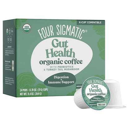 Four Sigmatic Gut Health Organic Coffee Pods | Medium Roast Probiotic K Cups with Chaga and Turkey Tail | Immune Boosting, Probiotic Mushroom Coffee K Cups for Gut Health and Immune Support | 24 Count