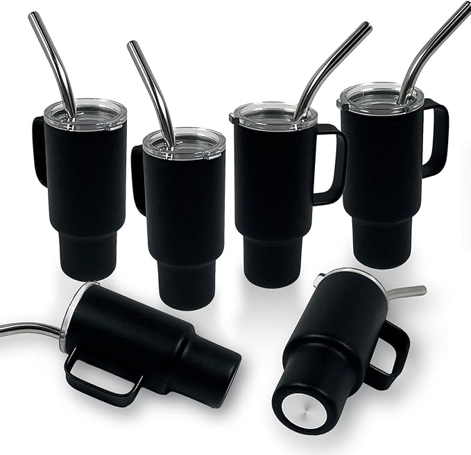 Cute Shot Glasses with handle 2oz, Mini Shot Tumbler with Lid and Straw, Kawaii Insulated Tumblers for Espresso Coffee Spirits Cute Stuff Funny Gifts (6x Black)