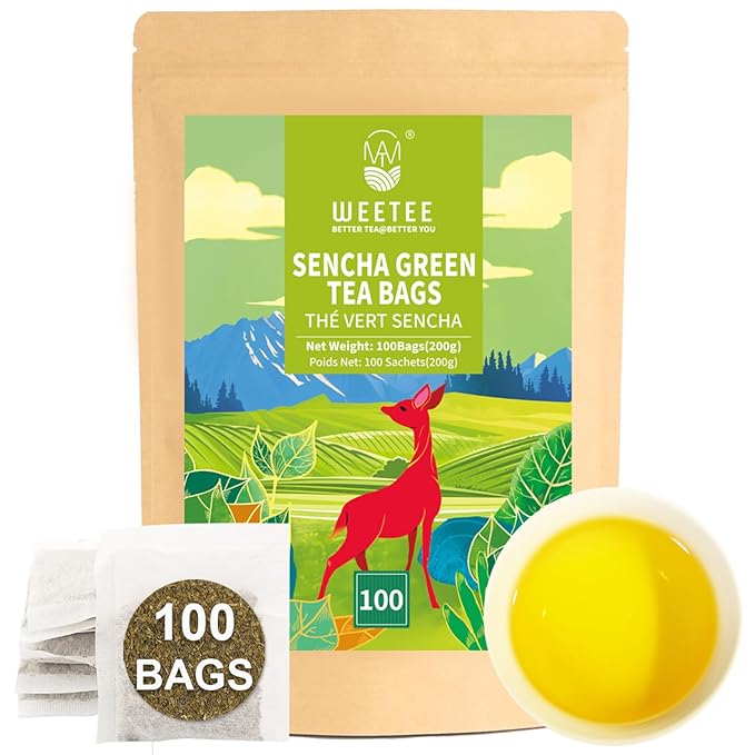 WT WEETEE Sencha Green Tea Bags 100 Count, Unique Roasted Rice Aroma, Non-Bitter & Refreshing Steamed Green Tea, Natural Caffeine & Antioxidant, Good for Hot Iced Cold