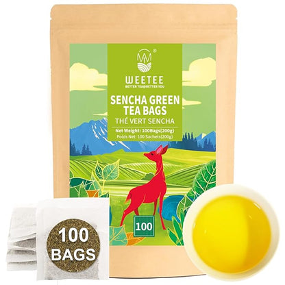 WT WEETEE Sencha Green Tea Bags 100 Count, Unique Roasted Rice Aroma, Non-Bitter & Refreshing Steamed Green Tea, Natural Caffeine & Antioxidant, Good for Hot Iced Cold