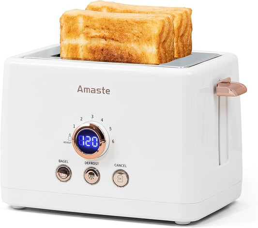 2 Slice Toaster, Retro Bread Toaster with LED Display, Extra Wide Slots Toasters with 6 Bread Shade Settings, Bagel, Cancel, Defrost Function, Stainless Steel with High Lift Lever, Removal Crumb Tray