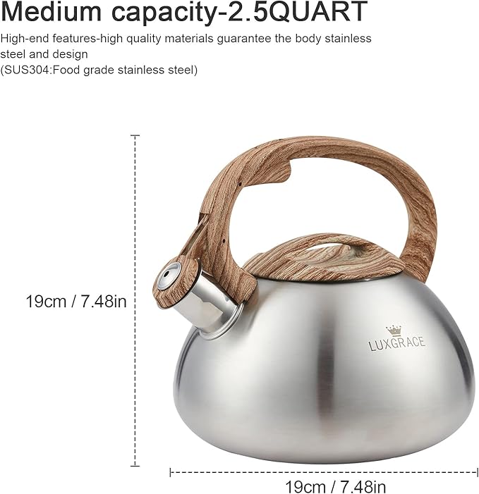 s-p Stovetop Tea Kettle- Whistling Teapot Stainless Steel Tea kettle for Stove Top Loud Whistle Tea Pot With Wood Pattern Handle Tea kettles Water Kettle(Silver Body and Black Handle