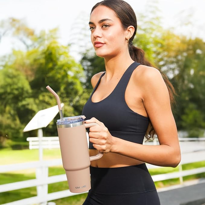 40 oz Tumbler with Handle and Straw Lid,Insulated Reusable Stainless Steel Water Bottle Travel Mug，Cupholder Friendly Double Wall Vacuum Sealed Cup (Mocha)