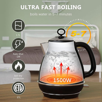 1.7L Electric Kettles, BPA Free Tea Kettle, Hot Water Boiler Heater, Stainless Steel Teapot, Auto Shut-Off & Boil-Dry Protection, 120V/1500W (Black)