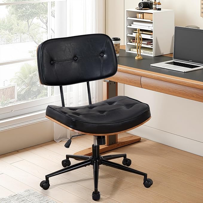Armless Office Chair with Wheels, Adjustable Height Desk Chair Leather Swivel Computer Chair, Modern Walnut Office Side Chair for Meeting Room Office, Black
