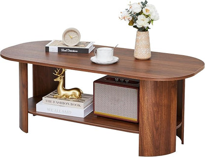 43.3” Oval Coffee Tables for Living Room, Wood Farmhouse Coffee Table with Storage, 2-Tier Center Table with Storage Shelf Low Tea Table for Small Space, Home, Office (Walnut)