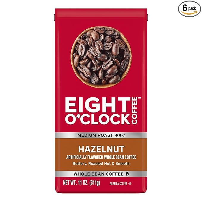 Eight O'Clock Coffee Hazelnut Whole Bean Coffee, Medium Roast, 11 Ounce (Pack of 6) - Buttery, Smooth & Nutty