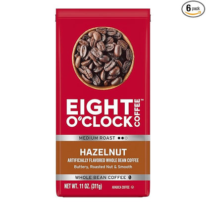Eight O'Clock Coffee Hazelnut Whole Bean Coffee, Medium Roast, 11 Ounce (Pack of 6) - Buttery, Smooth & Nutty
