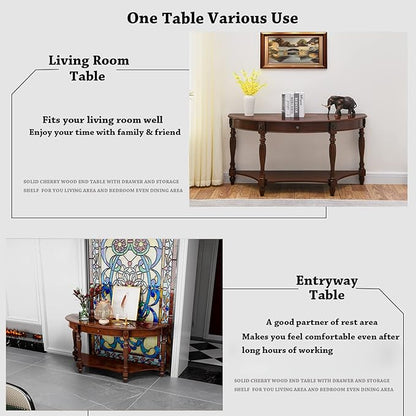 Solid Wood Oval Console Table with Drawer and Storage Shelf, Traditional Vintage Semi-Circle Entryway Table Polished Edging Half-Moon Narrow Table for Living Room Hallway Home, Cherry Walnut