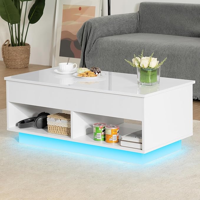 HOMMPA 40" Modern LED Coffee Table with Storage for Living Room, Lift Top Coffee Table with 2 Shelves, High Glossy Wooden Dining Table, Multifunctional Furniture for Bedroom/Home Office, White