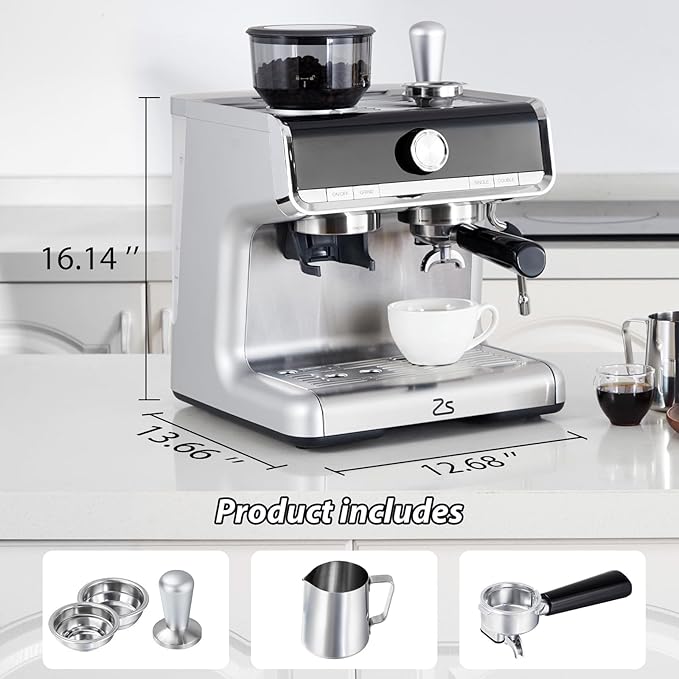 20 Bar Espresso Machine ，with Built-in Grinder & Milk Frother, Professional Stainless Steel Coffee Maker for Home, Café-Quality Latte & Cappuccino