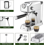 Load image into Gallery viewer, Espresso Machine 20 Bar - Stainless Steel Silver Coffee Maker for Home &amp; Office, Compact with Fast Heating, High-Pressure &amp; Removable Water Tank for Coffee Lovers