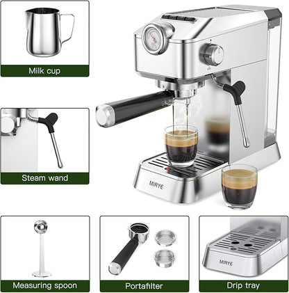Espresso Machine 20 Bar - Stainless Steel Silver Coffee Maker for Home & Office, Compact with Fast Heating, High-Pressure & Removable Water Tank for Coffee Lovers