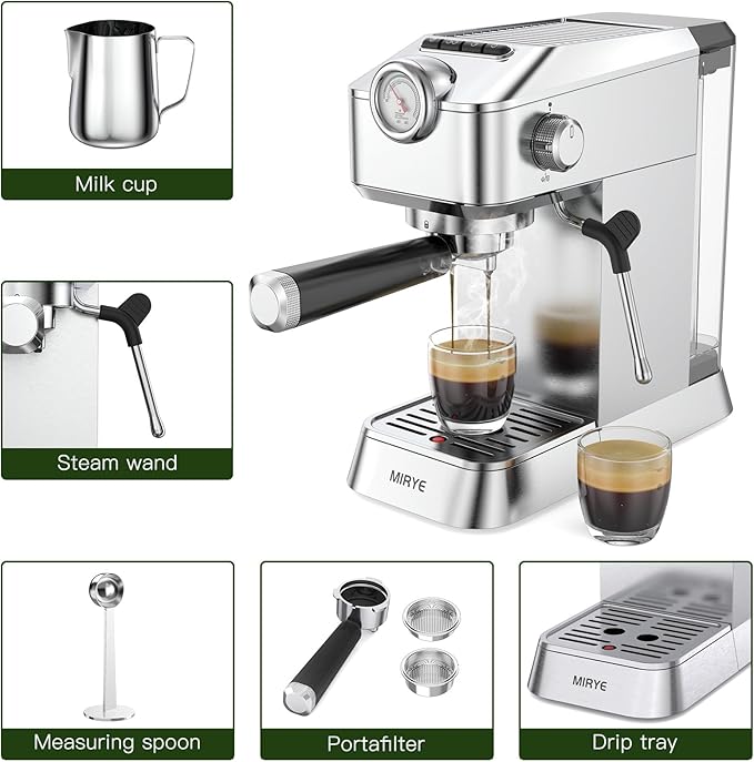 Espresso Machine 20 Bar - Stainless Steel Silver Coffee Maker for Home & Office, Compact with Fast Heating, High-Pressure & Removable Water Tank for Coffee Lovers