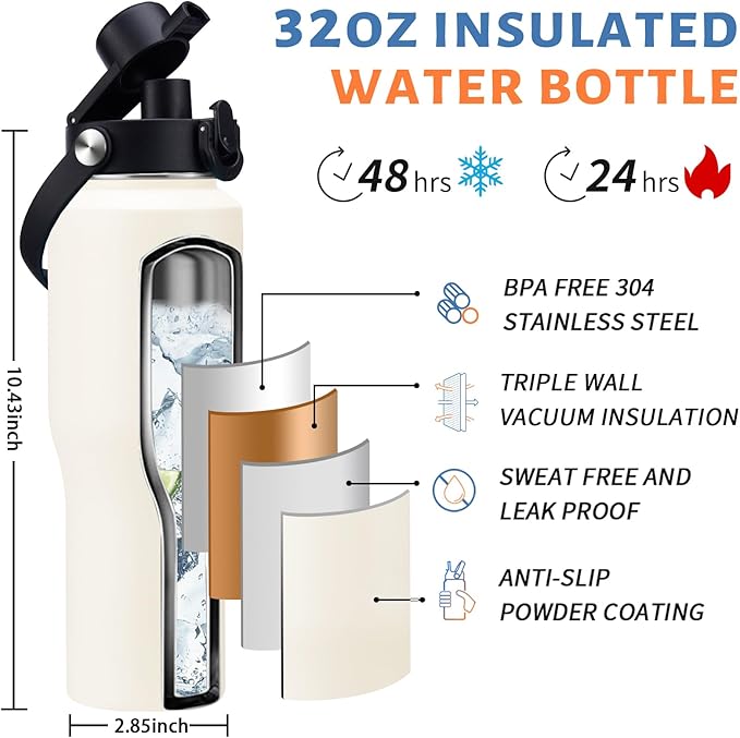 40 32 oz Water Bottle Insulated - with Straw & Auto Chug Lid, Paracord Handle, Metal Water Bottle Carrier Bag, Keep Cold and Hot Travel Coffee Cup Fit for any Car Cup Holder