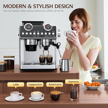 Espresso Machine with Grinder, 20 Bar Pressure Professional Espresso Maker with 30 Grinding Settings, 58mm Portafilte, Anti-scalding Milk Frother Steam Wand for Latte Cappuccino (Stainless Steel)