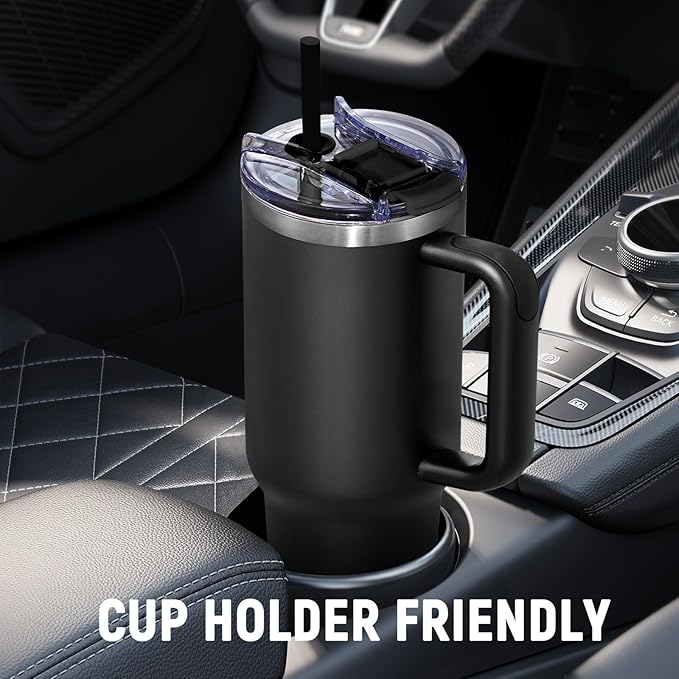 COKTIK 40 oz Tumbler With Handle and Straw Lid, Vacuum Insulated Travel Coffee Mug Stainless Steel Insulated Cup for Beverages, Leak-proof, Cupholder Friendly (Black)