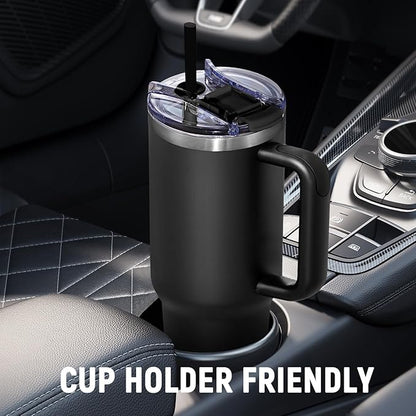 COKTIK 40 oz Tumbler With Handle and Straw Lid, Vacuum Insulated Travel Coffee Mug Stainless Steel Insulated Cup for Beverages, Leak-proof, Cupholder Friendly (Black)