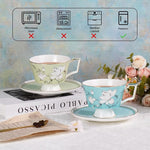 Load image into Gallery viewer, KAMMAK Ceramic Coffee Cups Saucers Set of 2, Porcelain Espresso Cups with Saucers, 8.12 oz Handcrafted Elegant Bone China Tea Cups, Blue &amp; Sage Green Flower Teacup for Party, Office, Women Gift