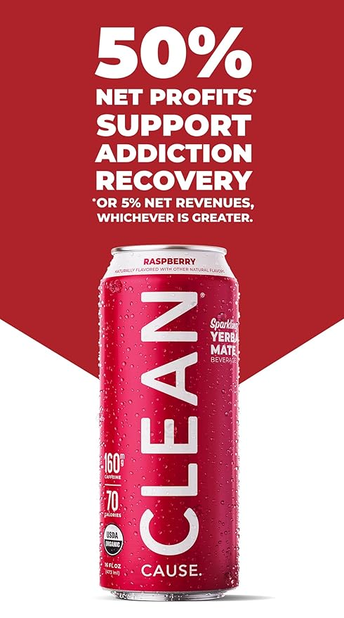 CLEAN Cause Low Calorie Raspberry USDA Organic Sparkling Yerba Mate Tea (16oz cans, 12-Pack Case) Low Sugar, 160mg Caffeine, Healthy Alternative to Soda & Energy Drinks.