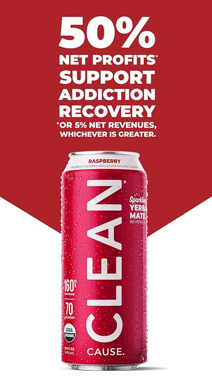 CLEAN Cause Low Calorie Raspberry USDA Organic Sparkling Yerba Mate Tea (16oz cans, 12-Pack Case) Low Sugar, 160mg Caffeine, Healthy Alternative to Soda & Energy Drinks.