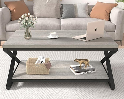 HSH Rustic Grey Coffee Table, Modern Minimalist Living Room Table with Storage Shelf, Industrial Simple Metal Wooden Center Table, 2 Tier Rectangle Cocktail Tea for Home Office Bedroom, 39 Inch