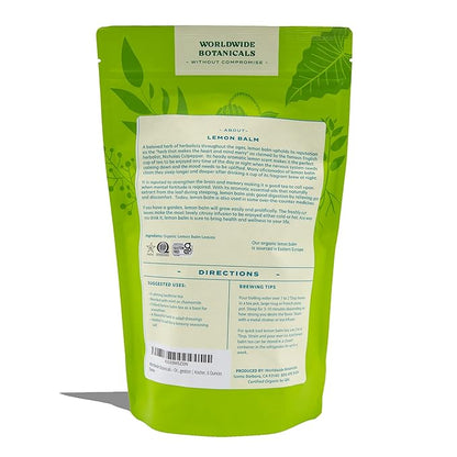 Worldwide Botanicals Organic Lemon Balm Tea, 6 Ounces - Loose Leaf Premium Herbal Tea | 100% Pure Lemon Balm Leaves | For Stress Relief and Good Digestion | Kosher