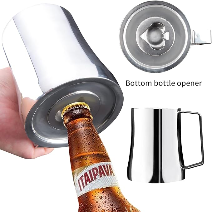 Stainless Steel Coffee Mug, Double Wall Tumbler with Handle, Insulated Tumbler with Beer Opener, Great Beer Gifts for Men (14 oz)