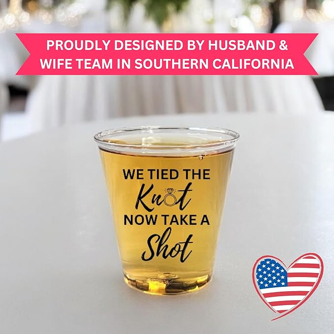 Disposable Plastic Wedding Shot Glasses, 200 Pack, 'We Tied the Knot Now Take a Shot' with Ring Design, Perfect for Weddings, Bridal Showers, Engagement Parties