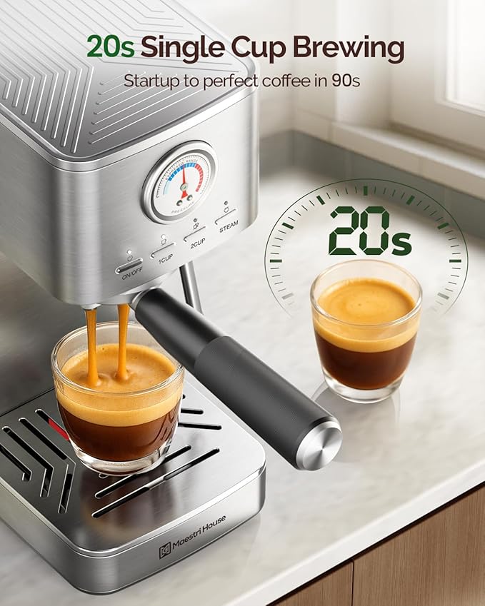 Maestri House Espresso Machine, 20 Bar ULKA Pump, Compact Espresso Maker Built-in Flow Meter Steam Milk Frother, Stainless Steel Coffee Machine for Cappuccino, Latte (Silver)