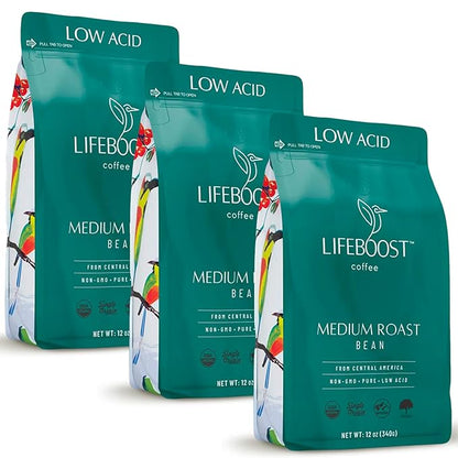 Lifeboost 3 Pack Medium Roast Whole Bean Coffee - Non-GMO Low Acid Single Origin USDA Organic Coffee - Third Party Tested For Mycotoxins & Pesticides - 12 Ounces